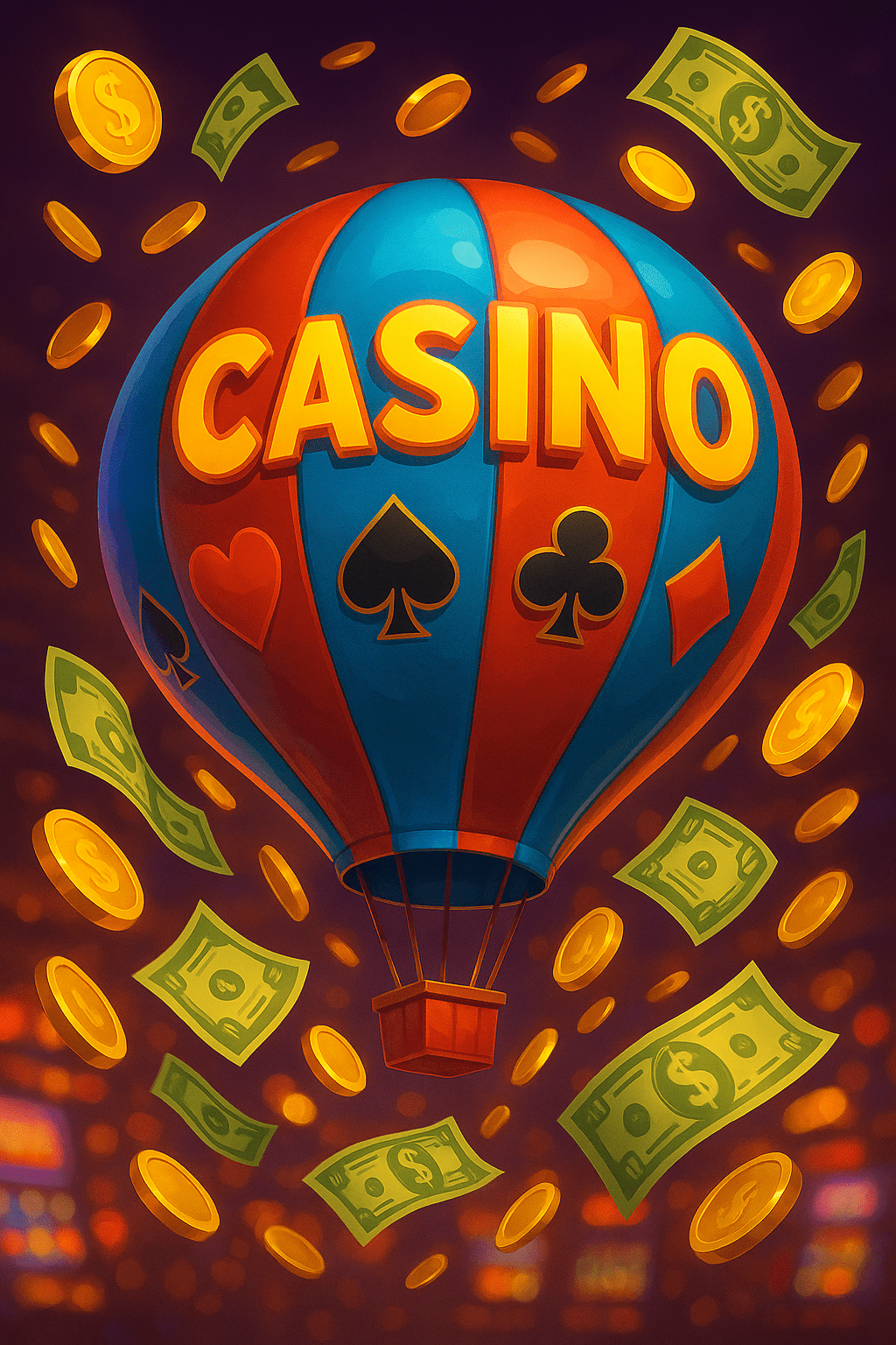 Casino balloon game with floating money and coins