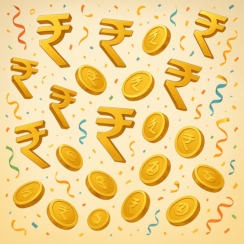 Indian rupee money rain with golden coins and celebration